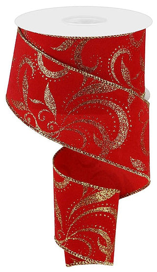 RIBBON | 2.5"X10YD| GLITTER SCROLL ON VELVET | RED/GOLD | RGC1266