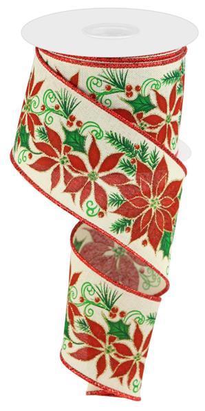 RIBBON | 2.5"X10YD POINSETTIA/PINE/BERRIES | LT BEIGE/RED/GREEN/GOLD | RGC133601