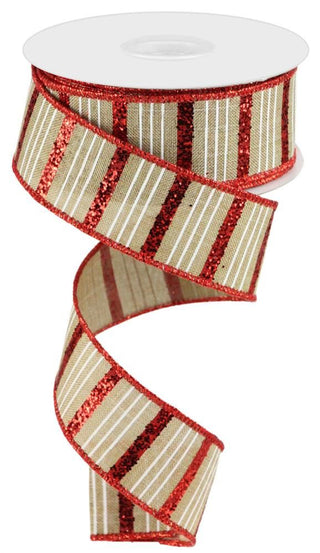 RIBBON | 1.5"X10YD | HORIZONTAL THIN STRIPES | GLITTER| BEIGE/RED/WHITE | RGC13381C