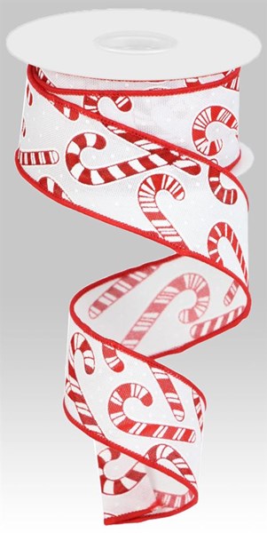 RIBBON | 1.5" X 10 YD | Candy Canes On Faux Royal | WHITE/RED | CHRISTMAS | RGC143827