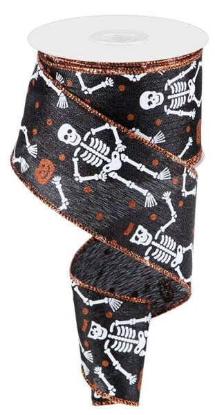 RIBBON | 2.5" X 10YD |  SKELETONS ON METALLIC | ROYAL |BLACK/ORANGE/WHITE | RGC170902