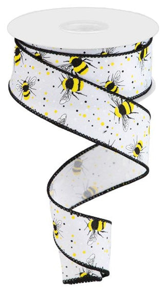 RIBBON | 1.5"X10YD | BUMBLE BEE | WHITE/YELLOW/BLACK | DIAGONAL WEAVE | SPRING | SUMMER | RGC1797J3