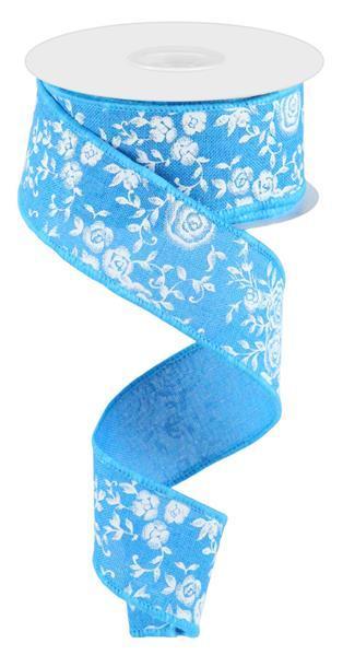 RIBBON | 1.5"X10YD MINI ROSE ON ROYAL | TURQUOISE/BLUE/WHITE | RGC186034
