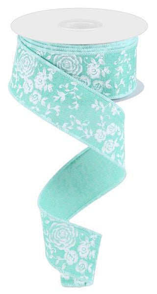 RIBBON | 1.5"X10YD MINI ROSE ON ROYAL | DARK MINT/WHITE | RGC1860X8
