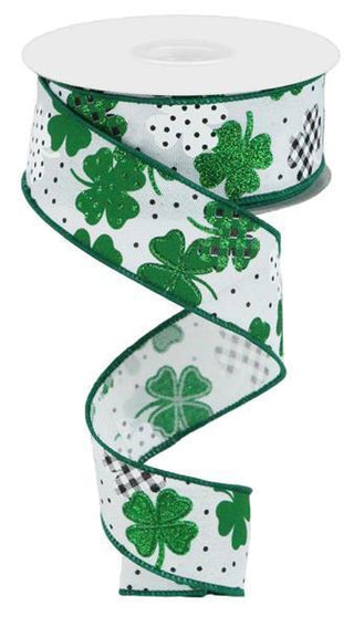 RIBBON | 1.5"X10YD PATTERNED SHAMROCKS | WHT/GRN/EMRLD/WHT/BLK | RGC187627