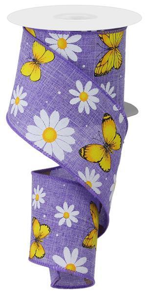 RIBBON | 2.5"X10YD | BUTTERFLY/DAISY | ON ROYAL | LAVENDER/WHITE/YELLOW/GOLD/BLACK | SPRING | SUMMER | RGC198513