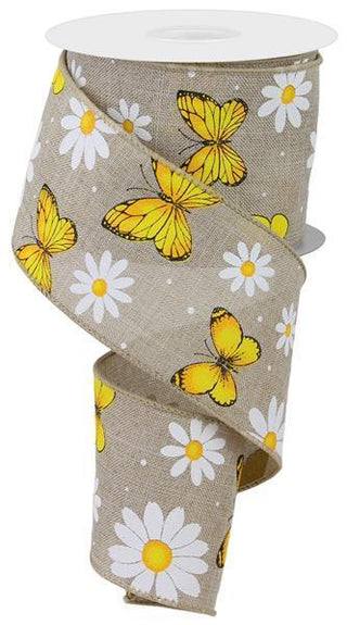 RIBBON | 2.5"X10YD | BUTTERFLY | DAISY FLOWER | ON ROYAL | NATURAL/WHT/YLW/GLD/BLK | RGC198518