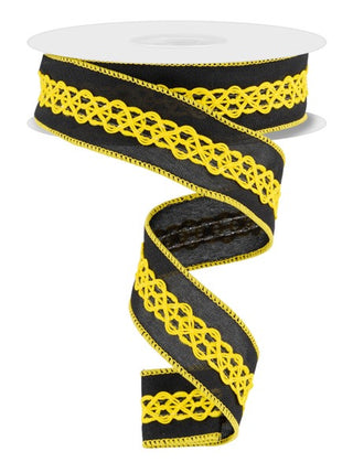 RIBBON | 1.5"X10YD | 2-IN-1 FAUX ROYAL  | LACE MIDDLE | BLACK/YELLOW | RGC8109CJ