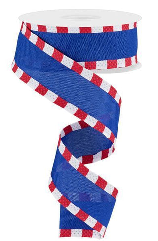 RIBBON | 1.5"X10YD FAUX ROYAL BURLAP/STRIPE | ROYAL BLUE/RED/WHITE | RGC8134A1