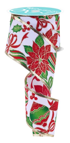 RIBBON | 2.5"X10YD| POINSETTIA/ORNAMENTS | WHITE/RED/GREEN | RGC823027