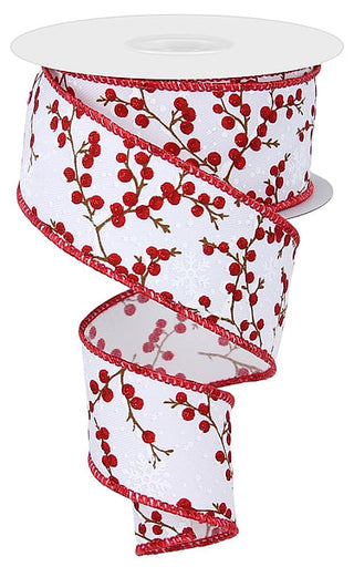 RIBBON | 1.5"X10YD BERRY BRANCHES WITH SNOW | WHITE/RED/BROWN | RGE104227