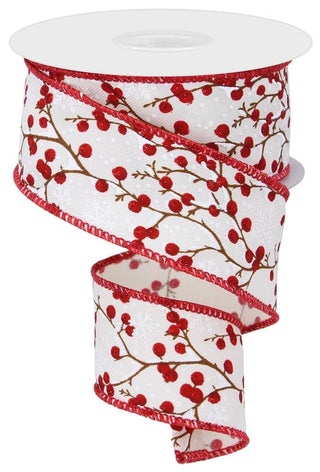 RIBBON | 1.5"X10YD BERRY BRANCHES WITH SNOW | IVORY/RED/BROWN | RGE104230