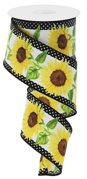 RIBBON | 2.5"X10YD | SUNFLOWERS | POLKA DOTS | WHITE/YELLOW/BROWN/GREEN | RGE110527