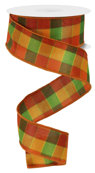 RIBBON | 1.5"X10YD | PLAID CHECK ON ROYAL | ORANGE/YELLOW/GREEN | RGE1344