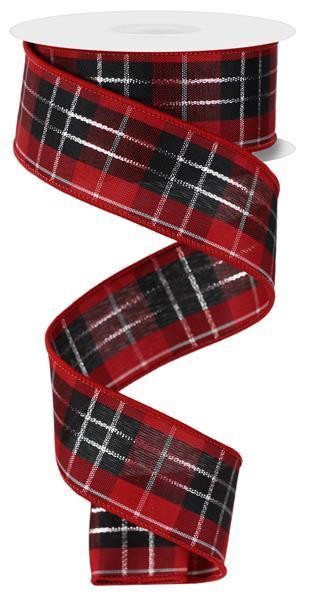 RIBBON | 1.5"X10YD | METALLIC PLAID | RED/BLACK/SILVER/WHITE | RGE1349