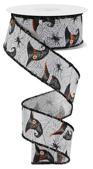 RIBBON | 1.5"X10YD WITCH HATS AND SPIDERS | SILVER/GREY/ORANGE | HALLOWEEN | RGE153326