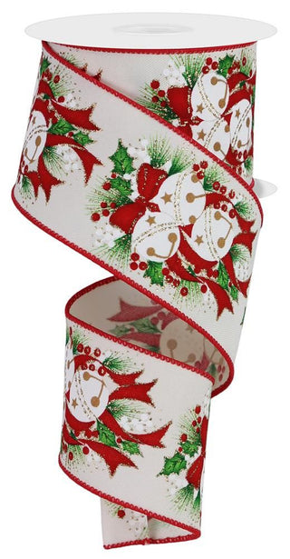 RIBBON | 2.5"X10YD | BELLS/HOLLY/PINE/BERRIES | IVORY/GOLD/RED/GREEN | RGE154730