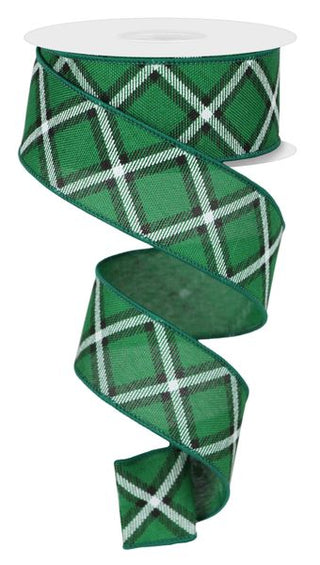 RIBBON | 1.5"X10YD DIAGONAL DASH PLAID | EMERALD GREEN/BLACK/WHITE | RGE156006