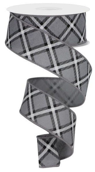 RIBBON | 1.5"X10YD DIAGONAL DASH PLAID | GREY/BLACK/WHITE | RGE156010