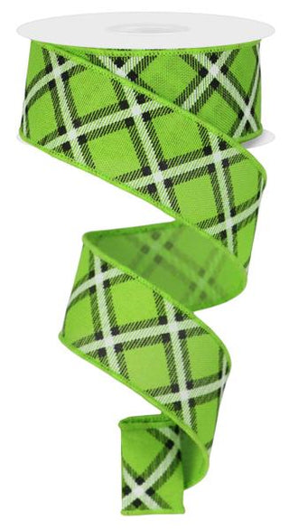 RIBBON | 1.5"X10YD DIAGONAL DASH PLAID | FRESH GREEN/BLACK/WHITE | RGE1560LT