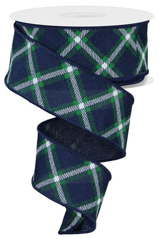 RIBBON | 1.5"X10YD DIAGONAL DASH PLAID | EMERALD GREEN/NAVY BLUE/WHITE | RGE156919