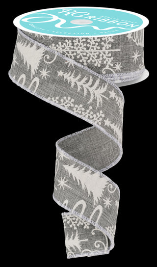 RIBBON | 1.5"X10YD | MULTI TREES | FAUX ROYAL BURLAP | GREY/WHITE | RGE162010