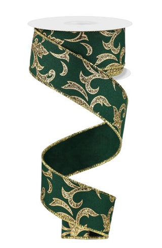 RIBBON | 1.5"X10YD | GLITTER Acanthus Leaf | HUNTER GREEN/GOLD| RGE18423C