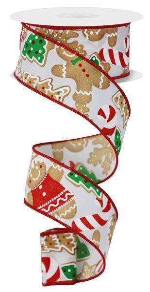 RIBBON | 1.5"X10YD GINGERBREAD COOKIES | WHITE/EMERALD/BROWN | RGE187827