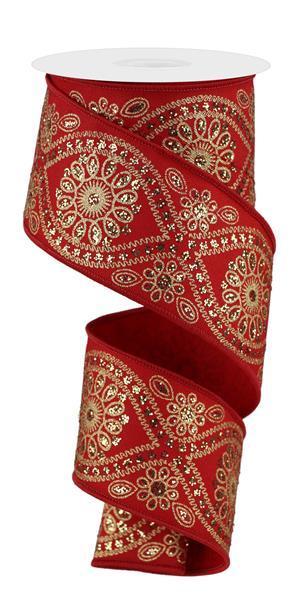 RIBBON | 2.5"X10YD | Deluxe Wavy Floral Ribbon | RED/GOLD | RGE196230