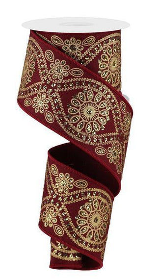 RIBBON | 2.5"X10YD | Deluxe Wavy Floral Ribbon | WINE/GOLD | RGE196272
