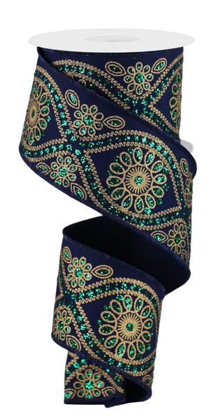 RIBBON | 2.5"X10YD | Deluxe Wavy Floral Ribbon | NAVY/GOLD/EMERALD | RGE196273