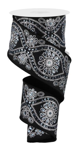 RUBAN | 2,5"X10YD | Ruban floral ondulé de luxe | NOIR/ARGENT/BLEU LT.