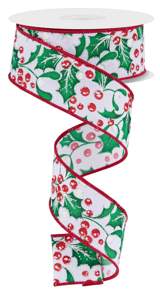 RIBBON | 1.5"X10YD HOLLY BERRY/MISTLETOE | WHITE/GREEN/RED/SILVER | RGF106527