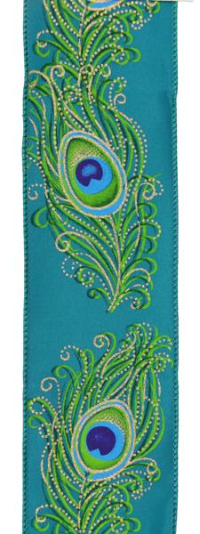 RIBBON | 2.5"X10YD | GLITTERED PEACOCK FEATHERS | DK. TEAL/LIME GREEN/BLUE/GOLD | RGF107934