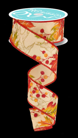 RIBBON | 1.5"X10YD | LEAVES/BERRIES| ROYAL | FALL | AUTUMN | LT. GOLD/RED/GRN/OR | RGF1181