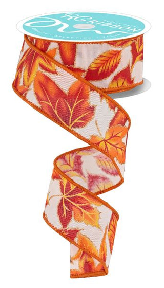 RIBBON | 1.5"X10YD | LEAVES | FALL | AUTUMN | WH/OR/RED/YLLW | RGF1188