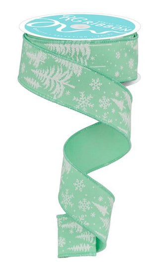 RIBBON | 1.5"X10YD | PINE TREES/SNOWFLAKES | MINT/WHITE | RGF1233AN