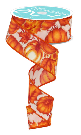 RIBBON | 1.5"X10YD | PUMPKINS/LEAVES | AUTUMN | IVORY/OR/RED/YLLW | RGF1285