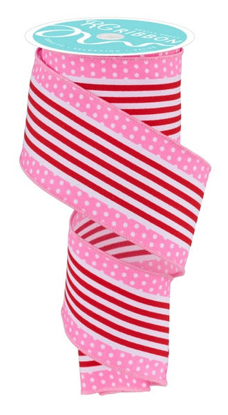 RIBBON | 2.5" X 10 YD | VERTICAL STRIPE/POLKA DOT EDGE | WHITE/RED/PINK | RGF1301A2