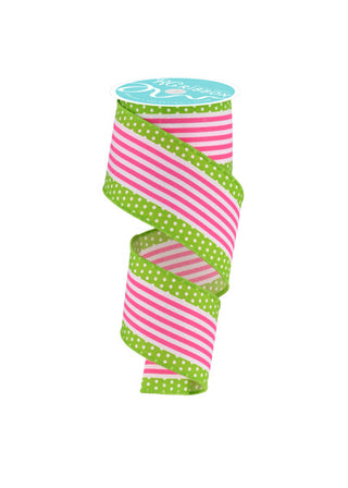 RIBBON | 2.5" X 10 YD | VERTICAL STRIPE/POLKA DOT EDGE | WHITE/HOT PINK/LIME | DIAGONAL WEAVE | RGF1301AW