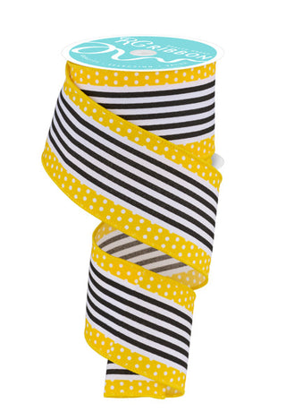 RIBBON | 2.5" X 10 YD | VERTICAL STRIPE/POLKA DOT EDGE | WHITE/BLACK/YELLOW | DIAGONAL WEAVE | RGF1301CJ