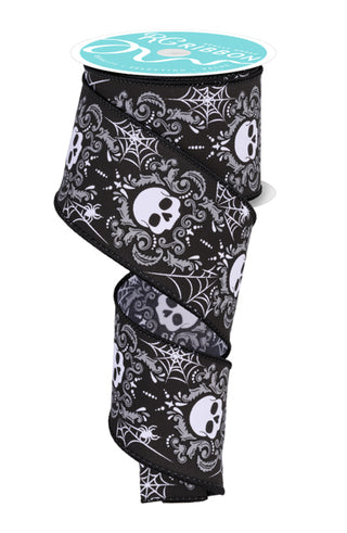 RIBBON | 2.5"X10YD | SKULLS DAMASK | BLACK/GREY | RGF1303C6