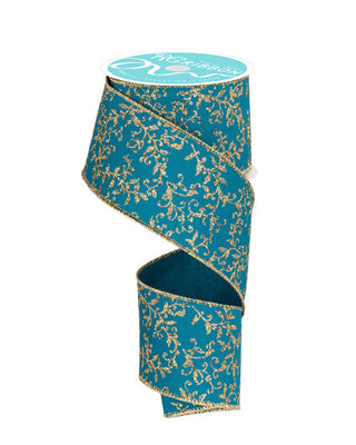 RIBBON | 2.5"X10YD | GLITTER VINES/LEAVES | TEAL/CHAMP GOLD | RGF131371