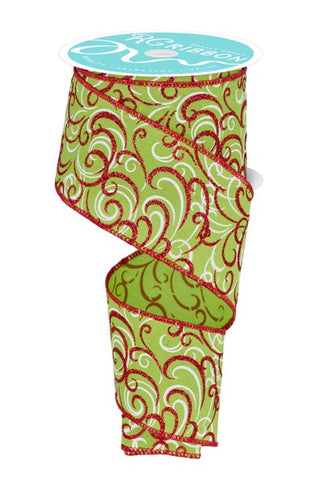 RIBBON | 2.5"X10YD | MULTI SWIRLS | GLITTER | LIME/WHITE/RED | RGF1323W1