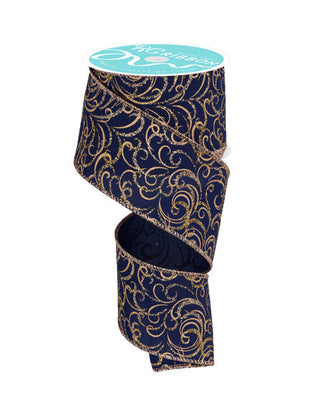 RIBBON | 2.5"X10YD | MULTI SWIRLS | GLITTER | NAVY BLUE/CHAMP/GOLD | RGF133719