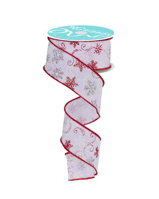 RIBBON | 1.5"X10YD | GLITTER SNOWFLAKES/SWIRLS | WHITE/RED/SILVER | RGF135467