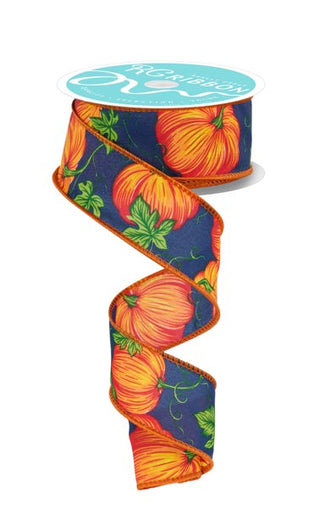 RIBBON | 1.5"X10YD | PUMPKINS W/VINES | DARK BLUE/ORNG/YELL/GRN | AUTUMN | FALL | RGF1369