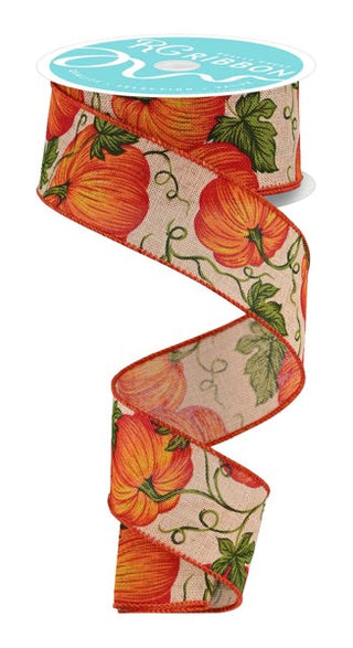 RIBBON | 1.5"X10YD | PUMPKINS W/VINES | BEIGE/ORNG/YELL/GRN | AUTUMN | FALL | RGF1373