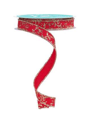 RIBBON | 5/8"X10YD | GLITTER MINI LEAVES VINES ROYAL | RED/GOLD | RGF139336