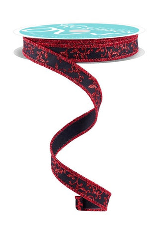 RIBBON | 5/8"X10YD | GLITTER MINI LEAVES VINES ROYAL | BLACK/RED | RGF1393CM